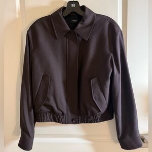 Theory Women's Dark Brown Cropped Track Jacket in Sleek Flannel - Small